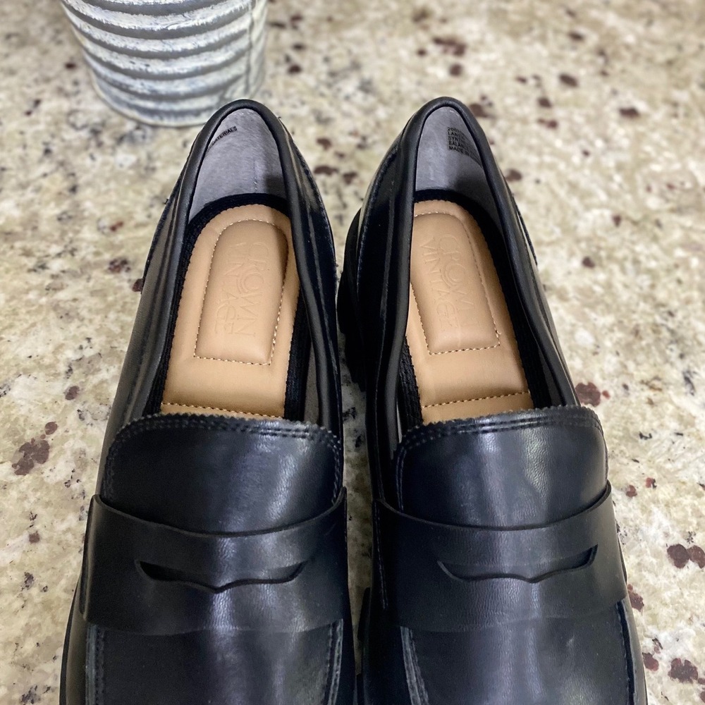Crown Vintage Laney Black Lug Sole Penny Loafers Womens‎ Chunky Platform Shoes - Picture 3 of 7